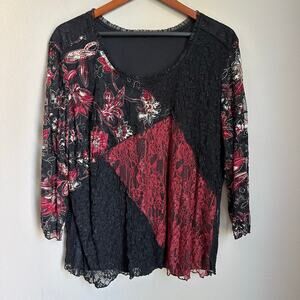 Women's Whimsigoth Stretch Lace Top Y2K Black Floral Mixed Print Size Large